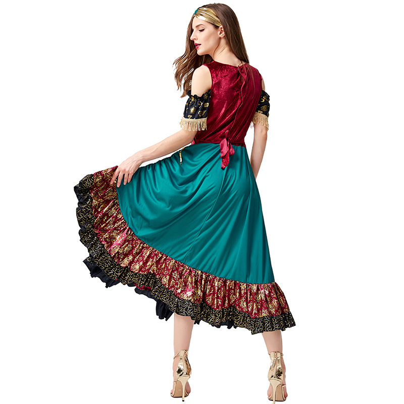 (160-170cm) Fasnachts Erwachsenen Kostüm Wahrsagerin Gypsy Tanzkleid Verkleidung für Motto Partys / Halloween inkl. Haarband - Türkis / Gold