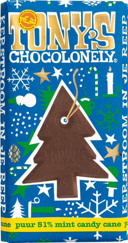 Tony's Chocolonely - Kerstboom Chocolade - Pure Chocolade met Mint Candy - 1 x 180 Gram