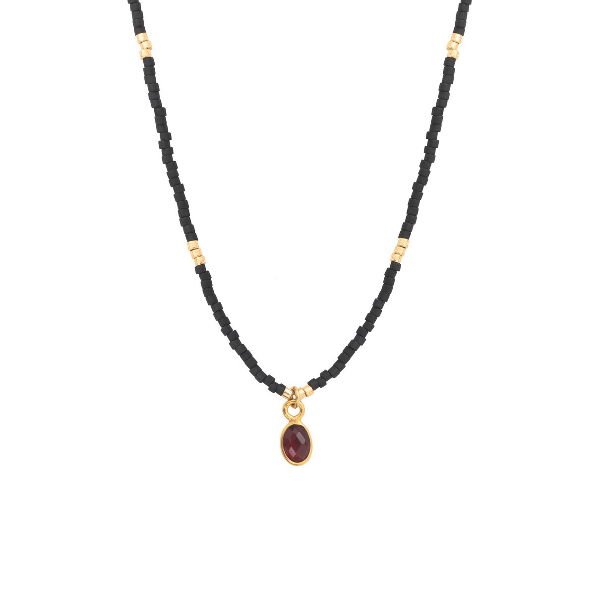 Collier perles miyuki noires pierre grenat LITTLE INDIA