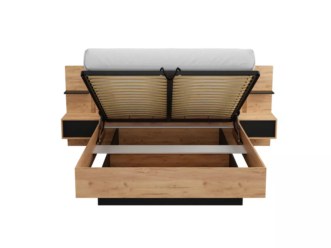 Lit coffre avec chevets 160 x 200 cm - Avec LEDs - Coloris : Naturel et anthracite - ELYNIA