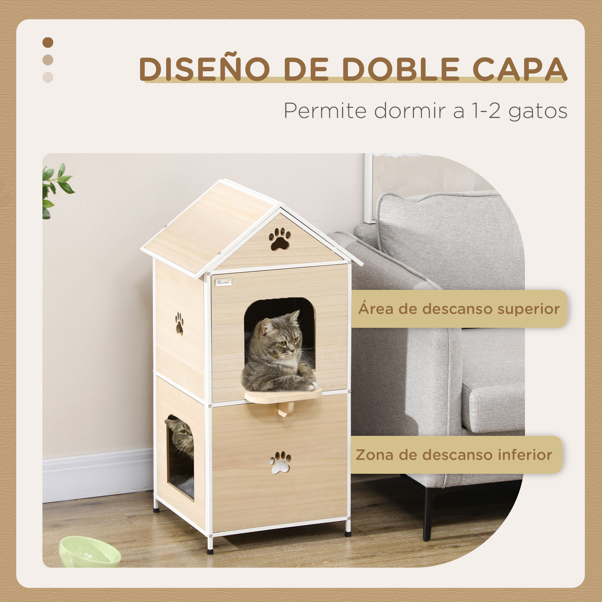 Casinha de madeira natural para gatos PawHut