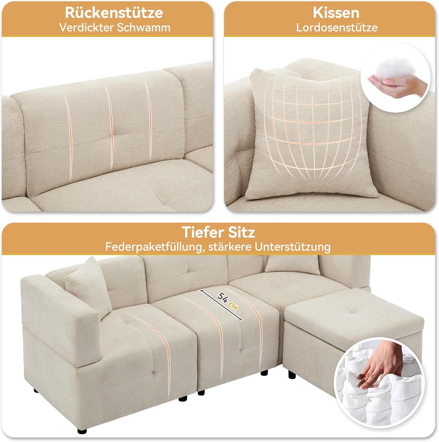 Merax 3-Sitzer Ecksofa mit Stauraum und abnehmbarem Hocker – Modernes L-förmiges Schlafsofa mit 2 Kissen für Wohnzimmer, Büro & kleine Wohnungen