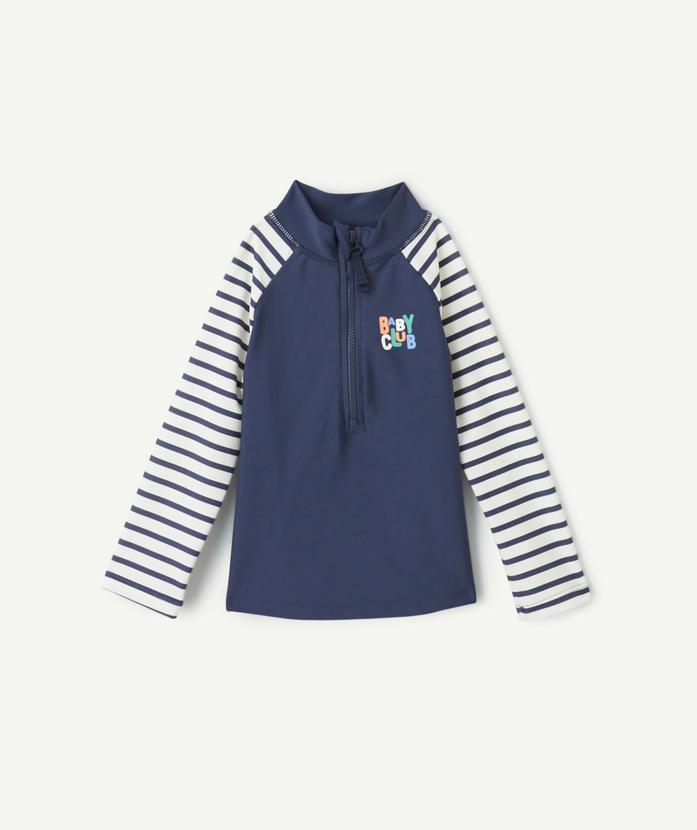 t-shirt anti-UV bébé garçon en fibres recyclées bleu avec rayures thème baby club