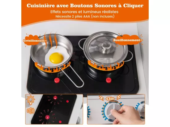 Cuisine Enfant en Bois avec Effets Sonores et Lumières, avec Machine à Laver et Micro-Ondes, Machine à Glaçons, Jouet de Simulation pour Enfant de 3 Ans+