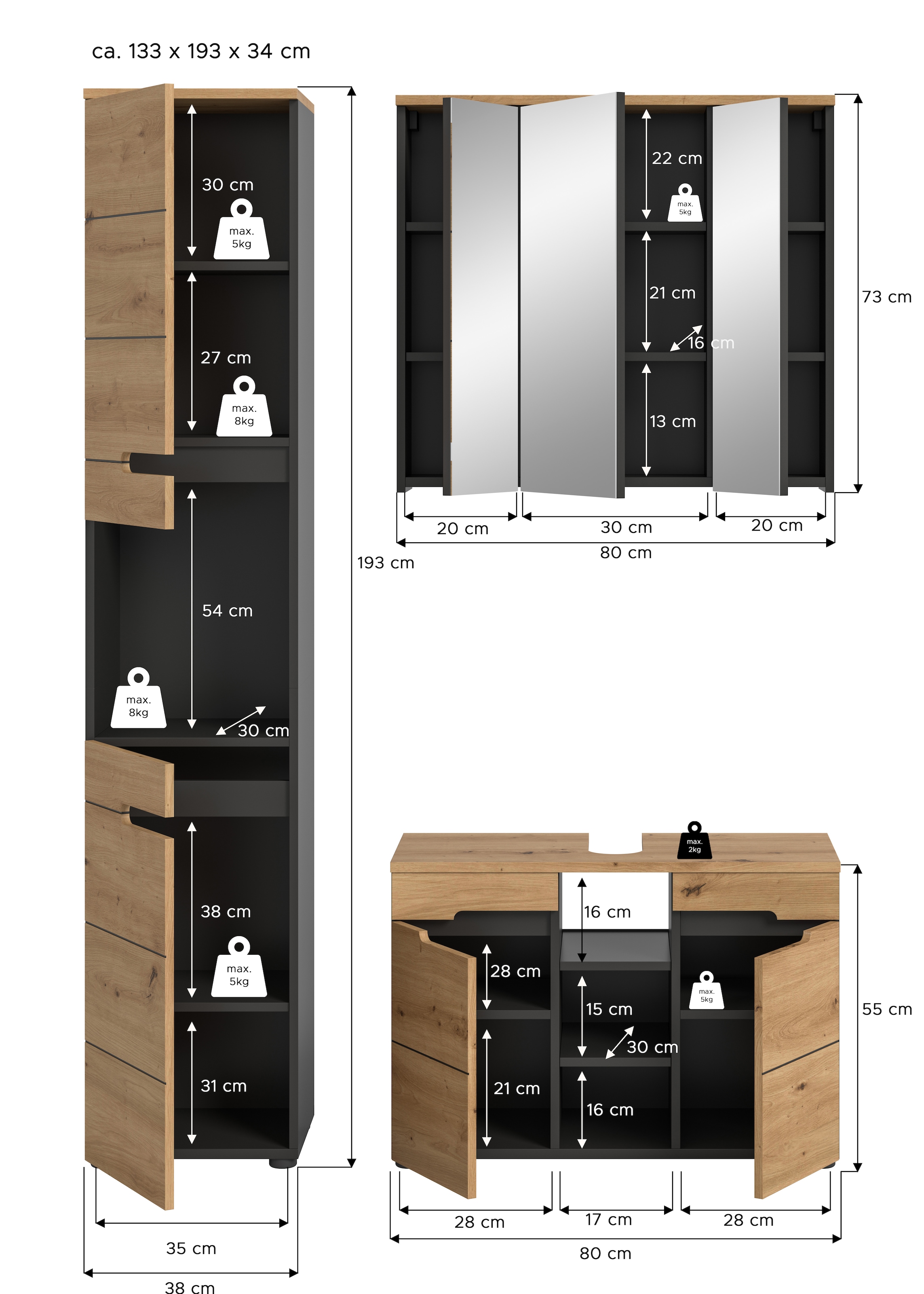 INOSIGN Badmöbel-Set »REHAT, 3-teilig, Breite 133 cm, mit grifflosen Fronten, bestehend aus:« 3 Stk. tlg.