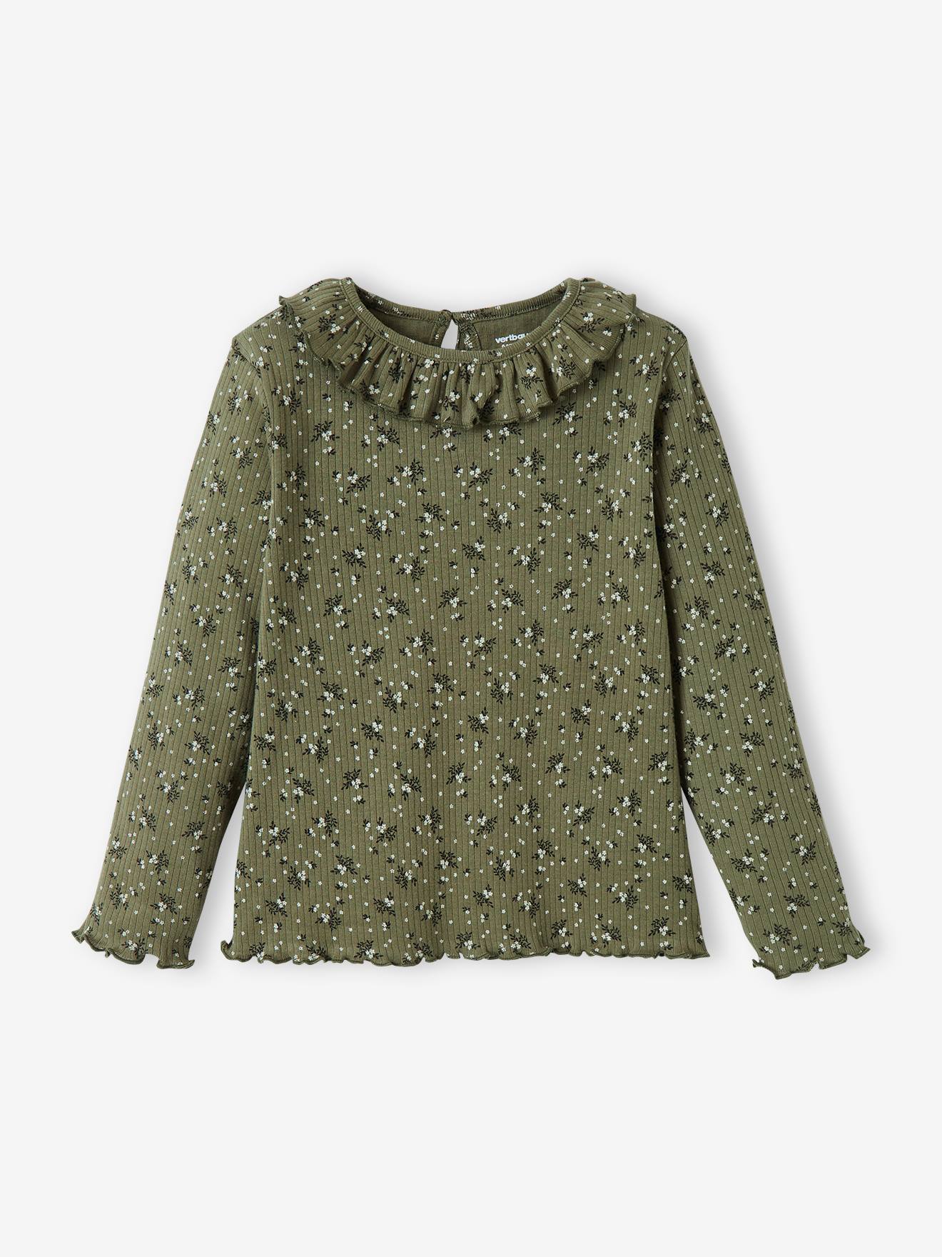 Camiseta floral canelada para meninas, estampa amarela escura