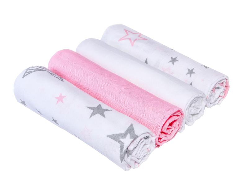 MAKIAN Mulltuch 4-er Set 80 x 80 cm Pink und Weiss Sterne Mulltücher 80 x 80 cm Pink / Weiss