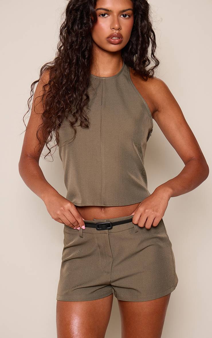 Kaki Short Taille Basse Ceinture Intégrée Ensemble Coordonné