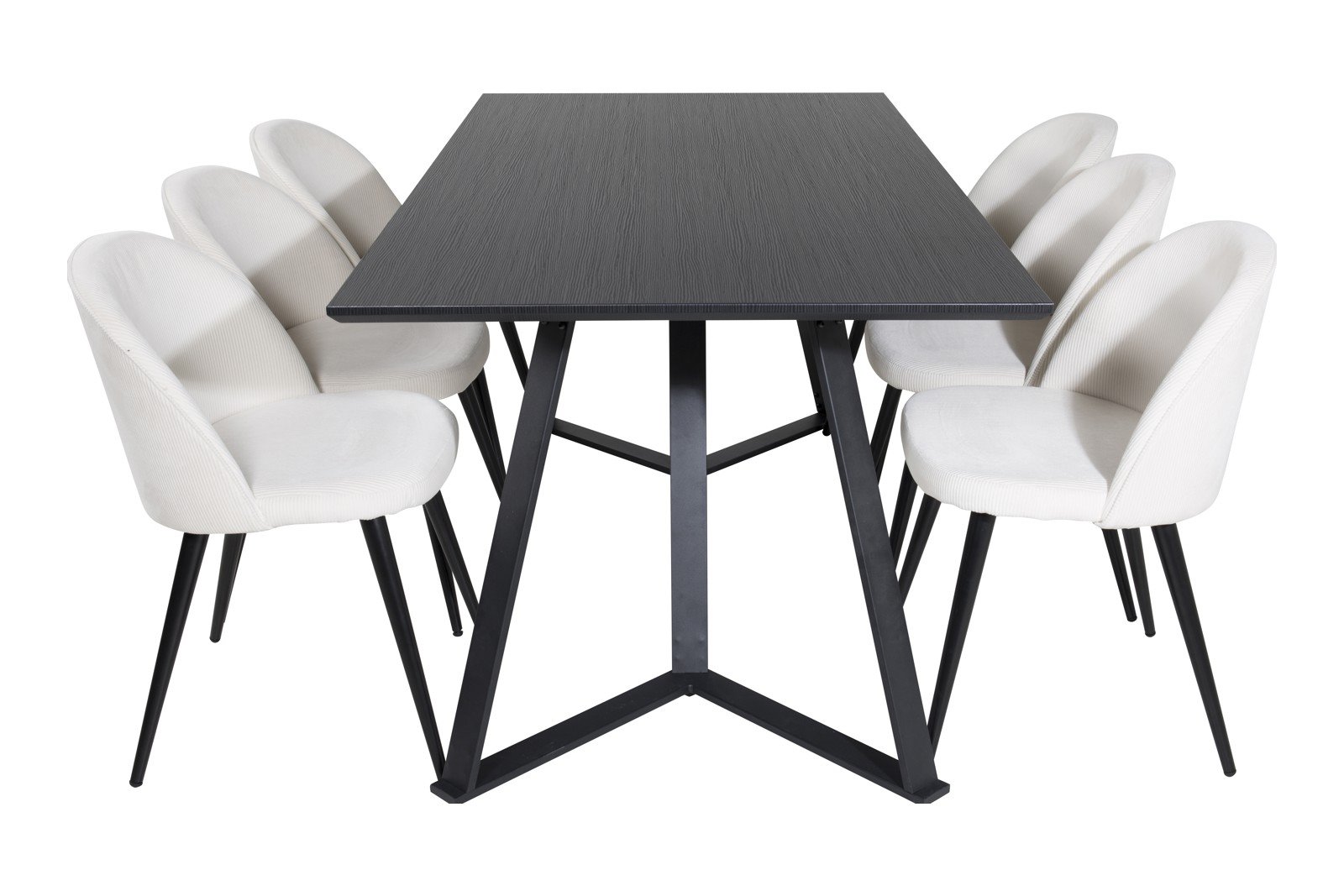 Marina og Velvet Spisegruppe Marina spisebord i sort med 6 stk. Velvet spisestoler i Krem kordfløyel og sorte ben.
