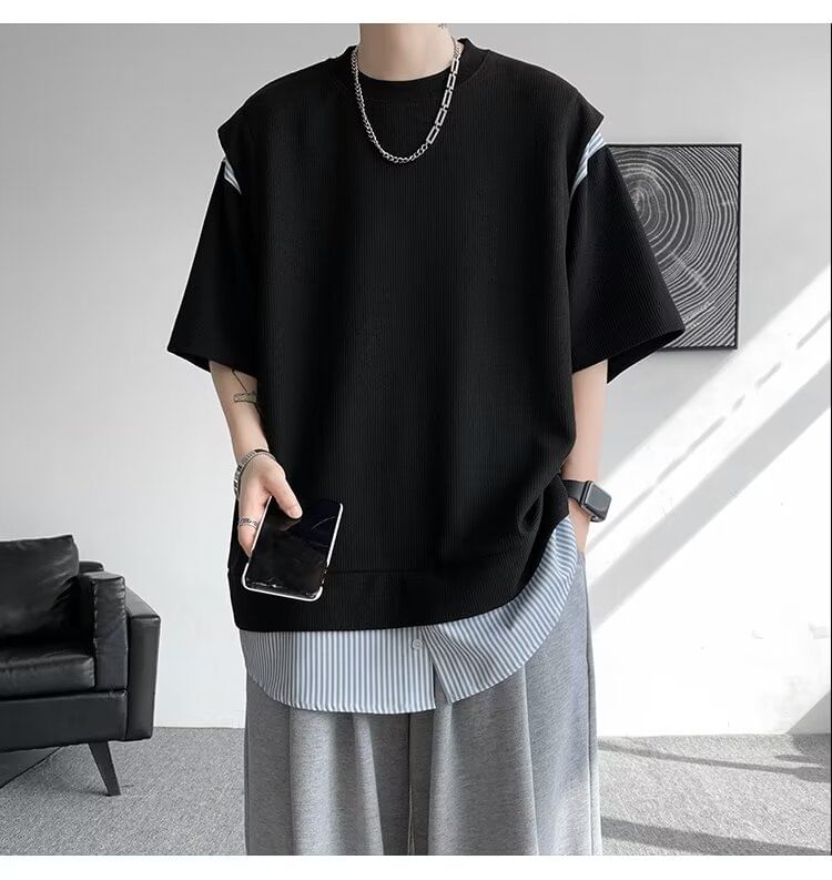 Craltuxe - T-shirt met korte mouwen, ronde hals en krijtstreeppatchwork
