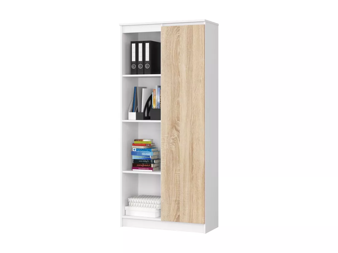 Bibliothèque de bureau AKORD R80 Blanche 80 cm 1 porte façade Chêne Sonoma mat 8 étagères 80x35x180 cm
