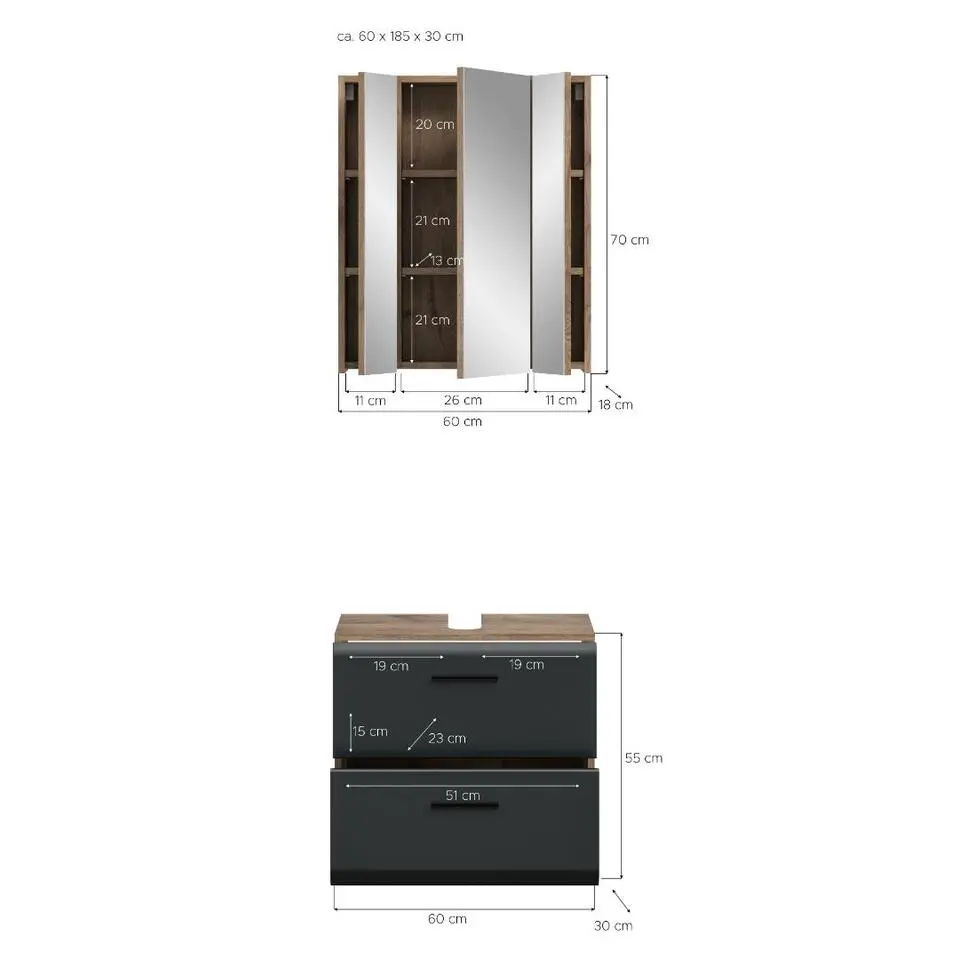 Hioshop Ice badkamer I9 zwart mat- eiken decor