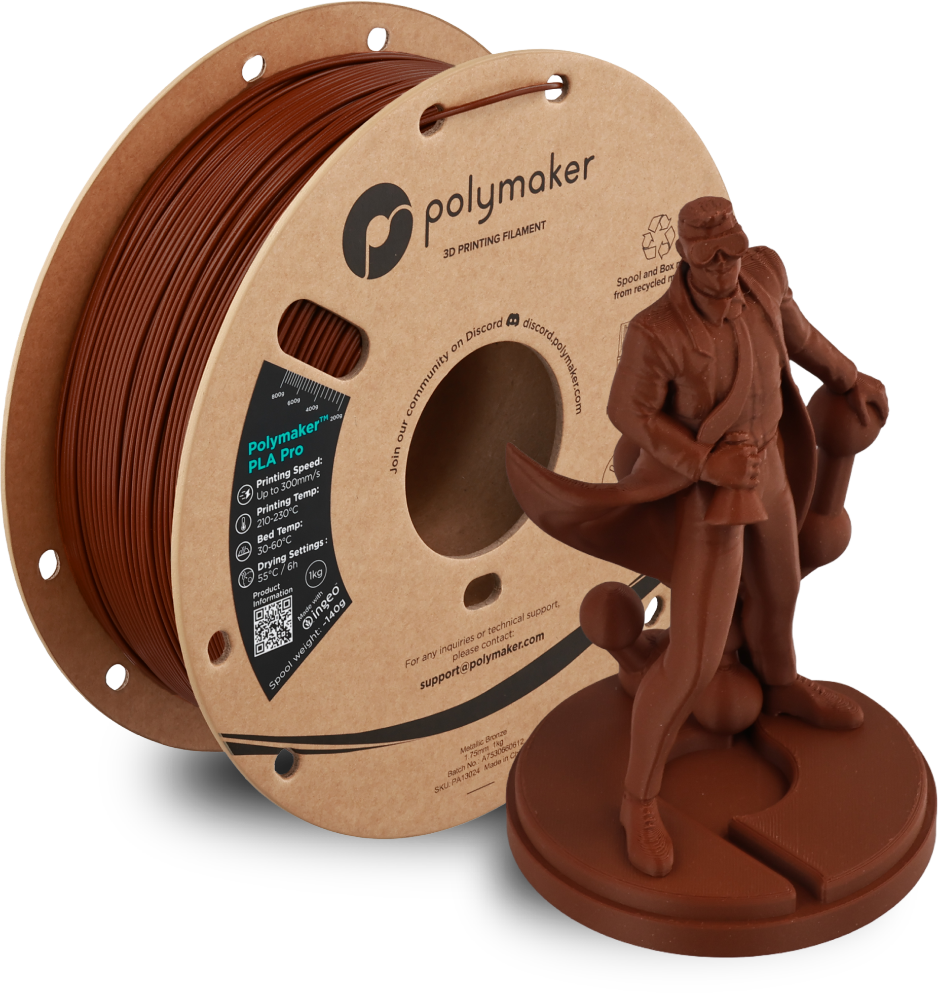 Polymaker  PLA Pro Metallic Bronze, 1,75 mm / 1000 g    Neue, verbesserte Formulierung: Hochleistungs-High Speed-PLA in Metallic Bronze