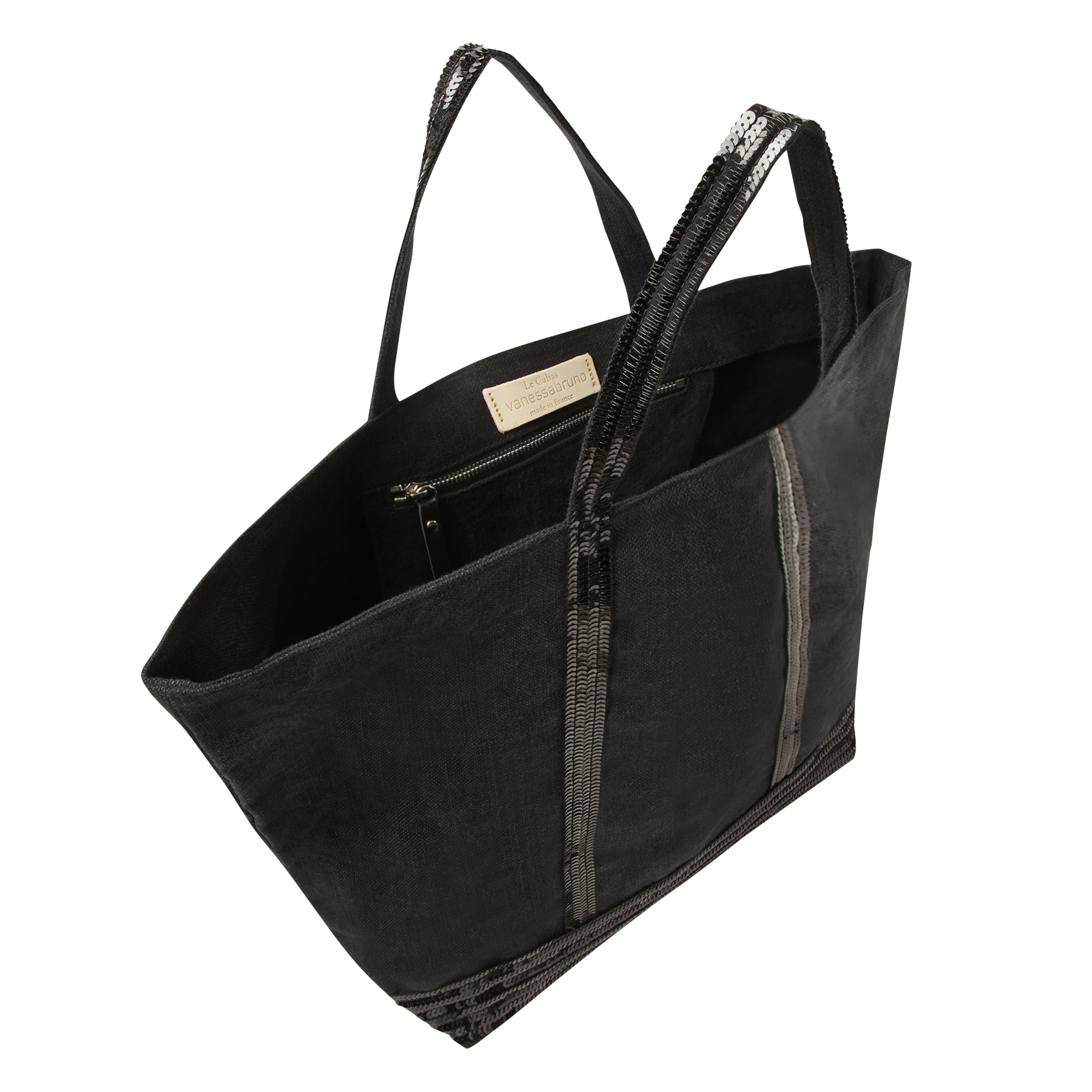 Cabas L brodé sequins en lin | Noir