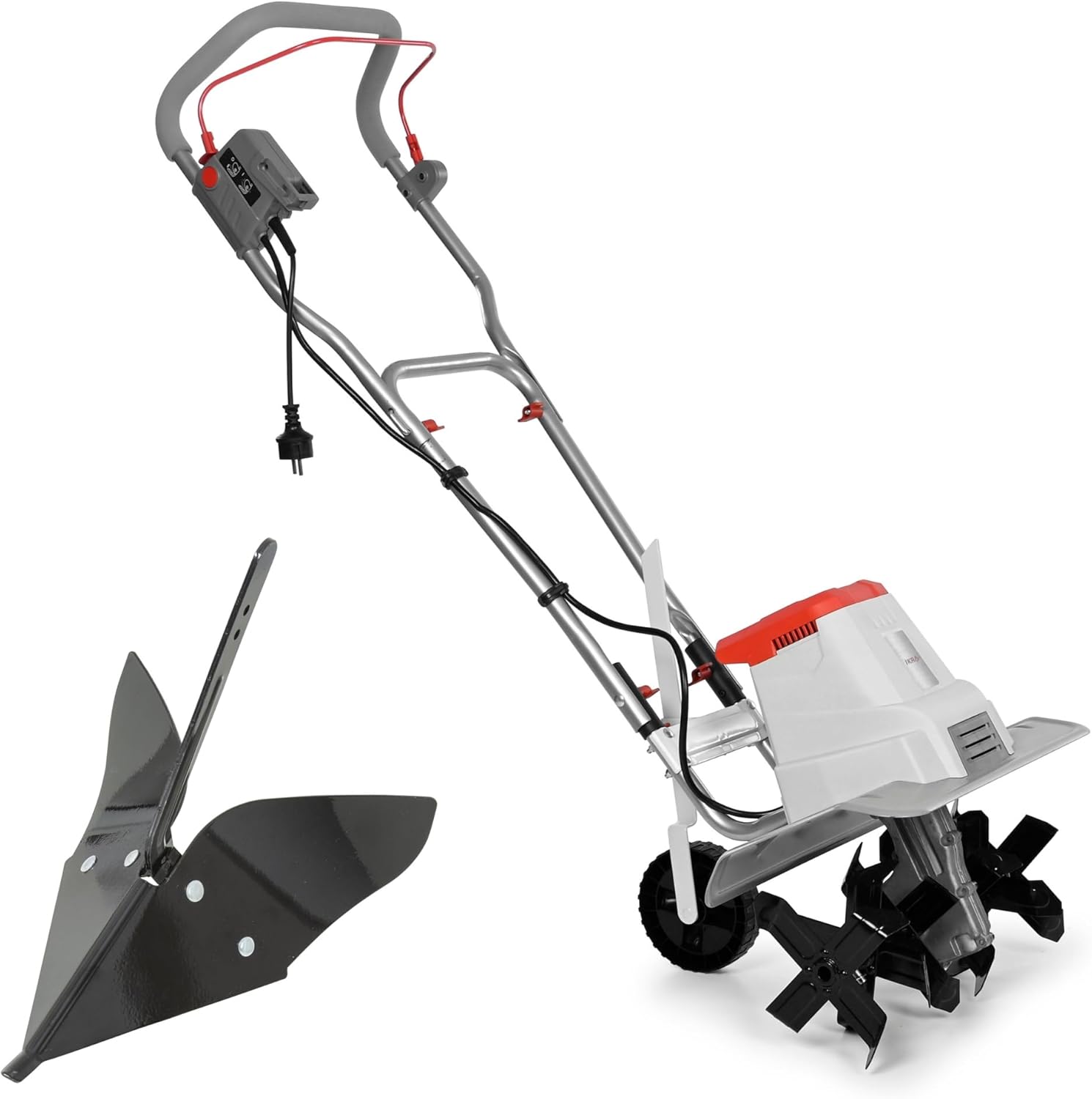 IKRA Elektro Bodenhacke IEM 1500, Flexible Arbeitsbreite 32 & 45cm, Arbeitstiefe bis 20cm, Starke 1500W Leistung, inkl. Häufelpflug