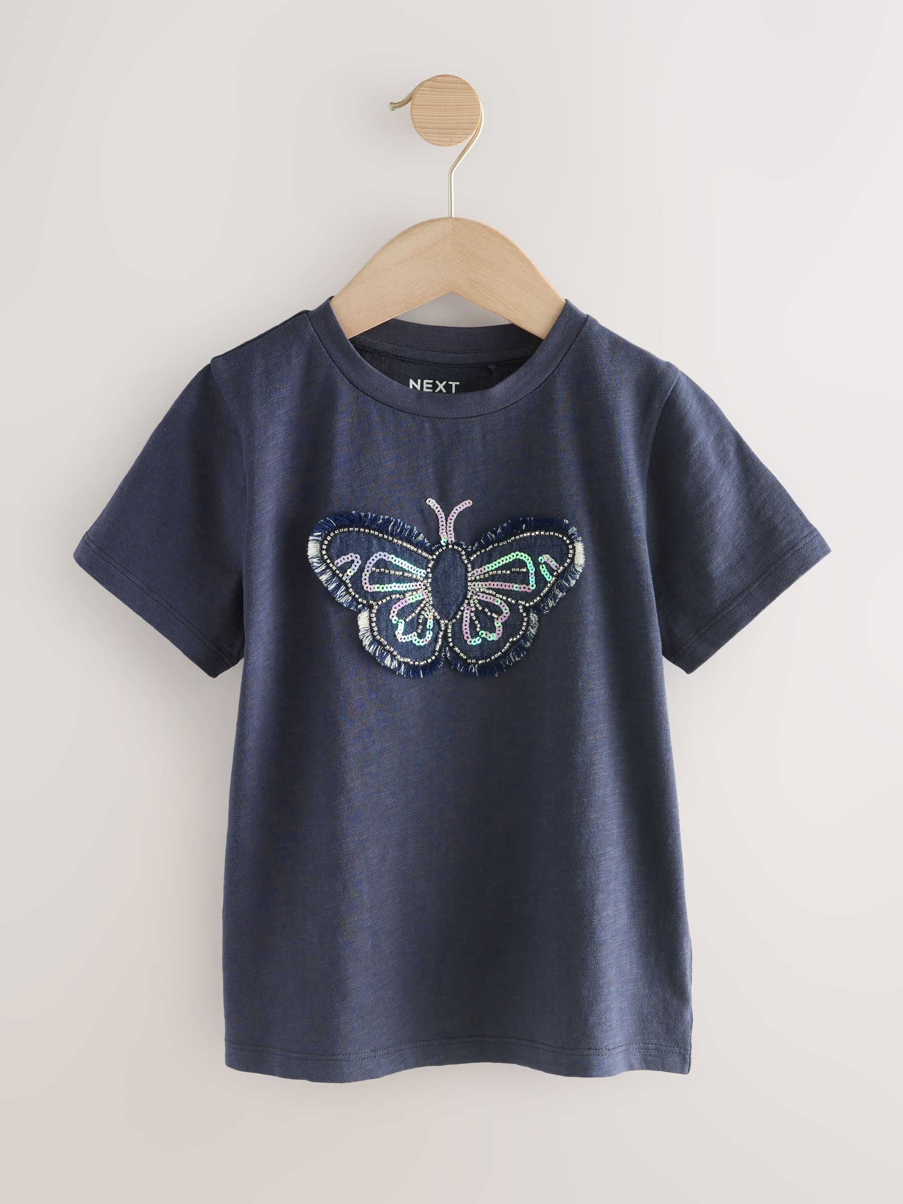 Blauw - T-shirt met vlinderprint en pailletten (3-16jr)