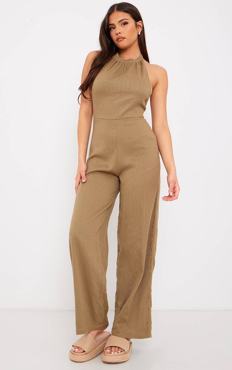 Taupe Combinaison Dos Nu À Col Licou Texturée