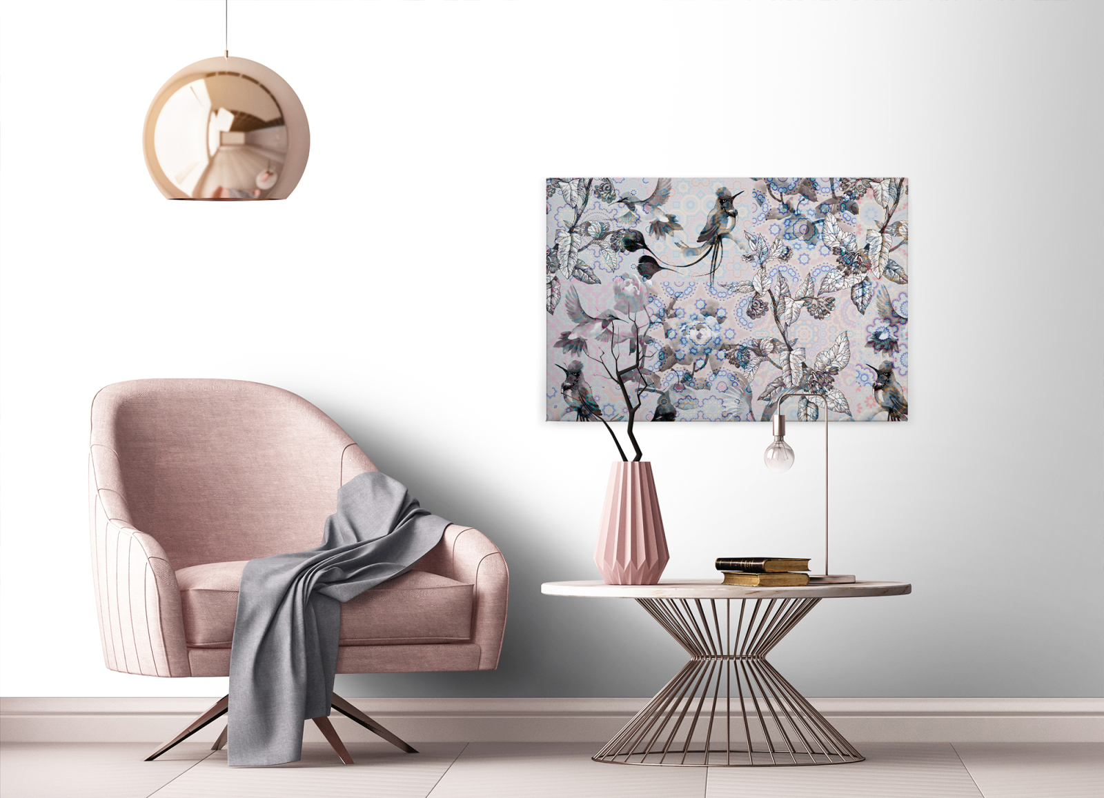 Leinwandbild BUNTE VÖGEL- grau-weiß - 90x60 cm