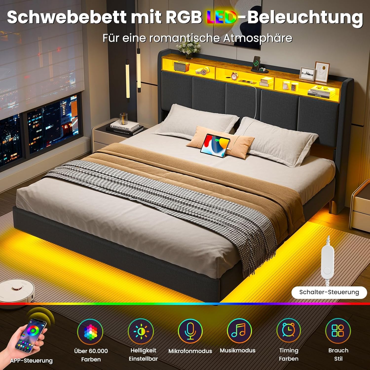 Polsterbett 180x200 cm Schwebebett mit LED-Beleuchtung, Kopfteil und Ladestation(2 AC-Steckdosen, 2 USB-Anschlüsse), Bett 180x200 mit Stauraum, Modern Doppelbett mit lattenrost, Leinen, Grau