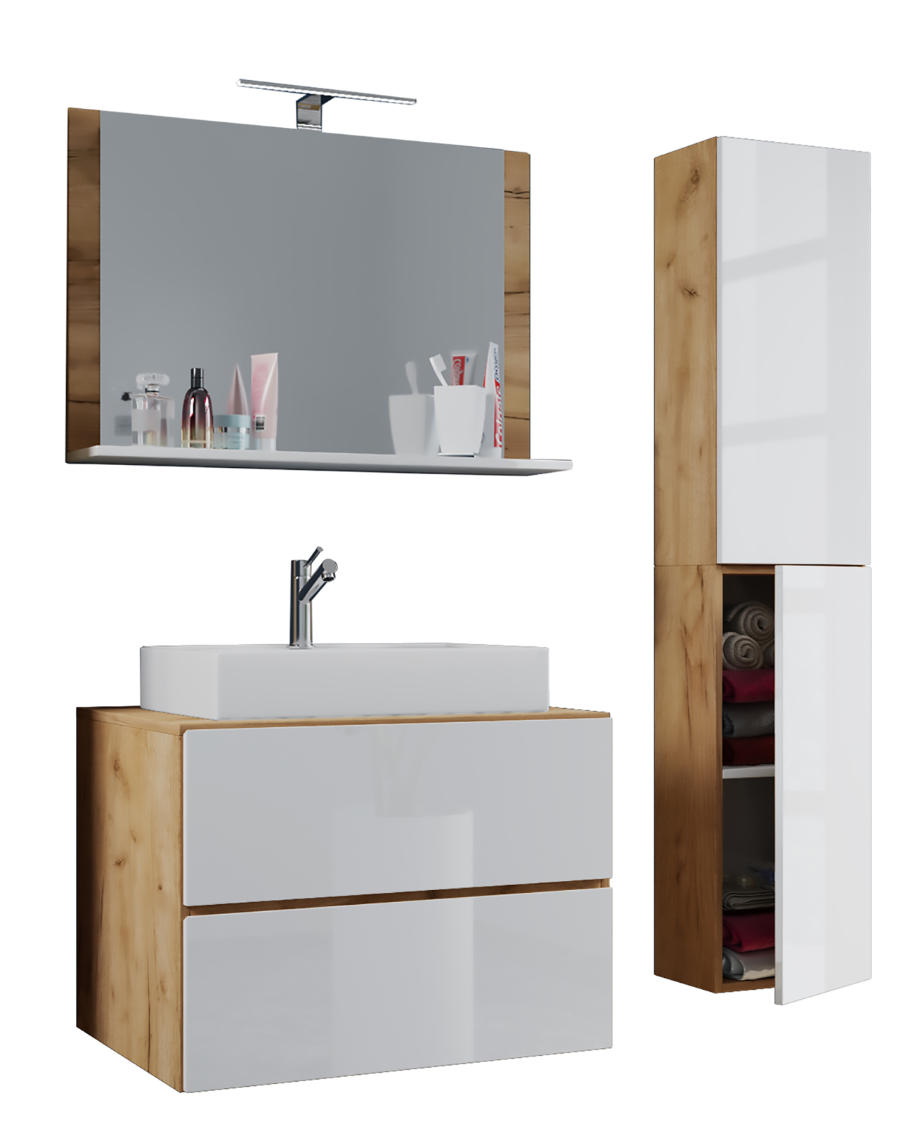 4-teiliges Badmöbel-Set LENDAS L - weiß - Honig Eiche - mit Hochschrank - 94 cm