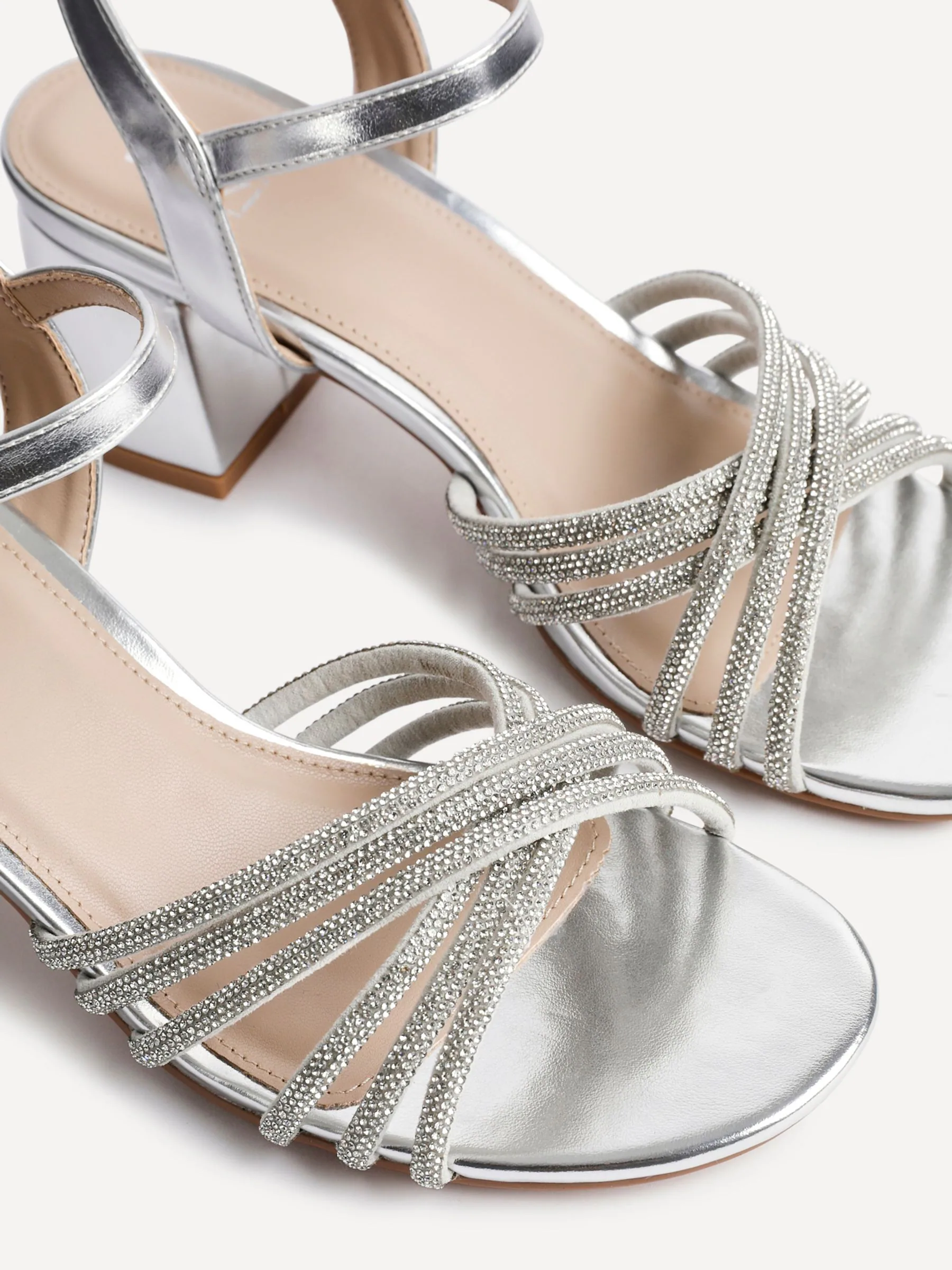 Zilver - Linzi Gracie Diamante Front Strap Low Block Sandals
