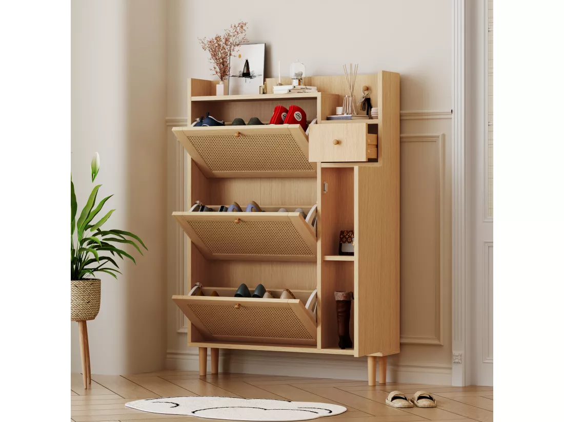 Meuble à chaussures 3 portes abattants et 1 tiroir dim. 90L x 17L x 125H cm aspect bois effet cannage rotin coloris chêne