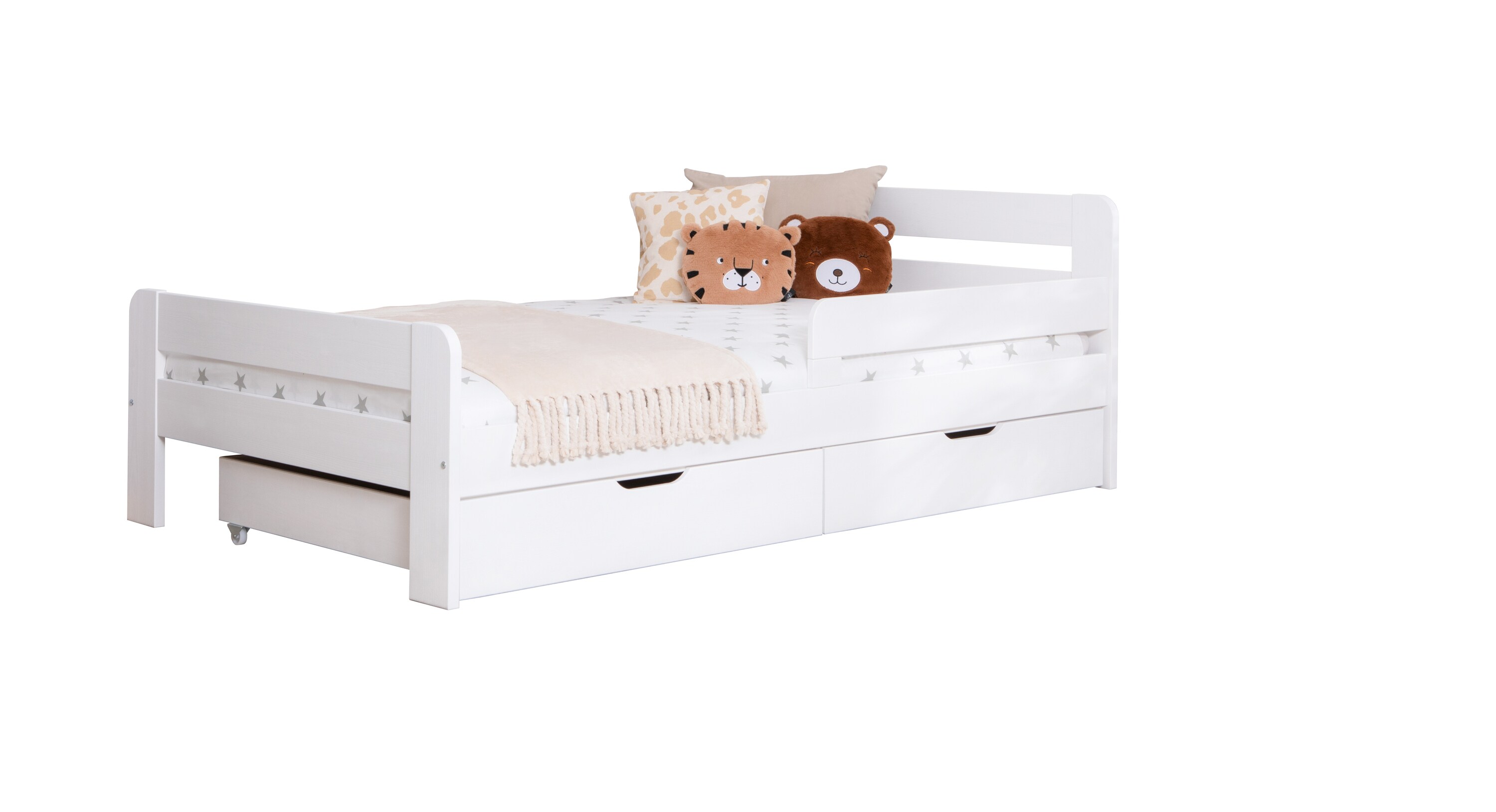 TiCAA Einzelbett Kinderbett Jugendbett, Bennet mit Schubkasten Rausfallschutz & Lattenrost für Schlafzimmer, Kinderzimmer Kiefer Massivholz Bettgestell 90 x 200 cm