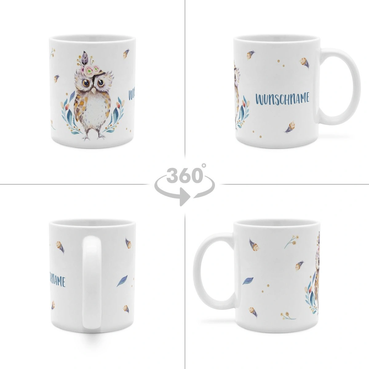 Personalisierte Panorama-Tasse, weiß (Motiv: Eule)