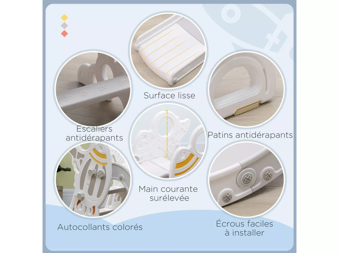Toboggan enfant 18-36 mois design fusée - usage intérieur - dim. 157L x 46,5l x 80H cm - PE gris blanc