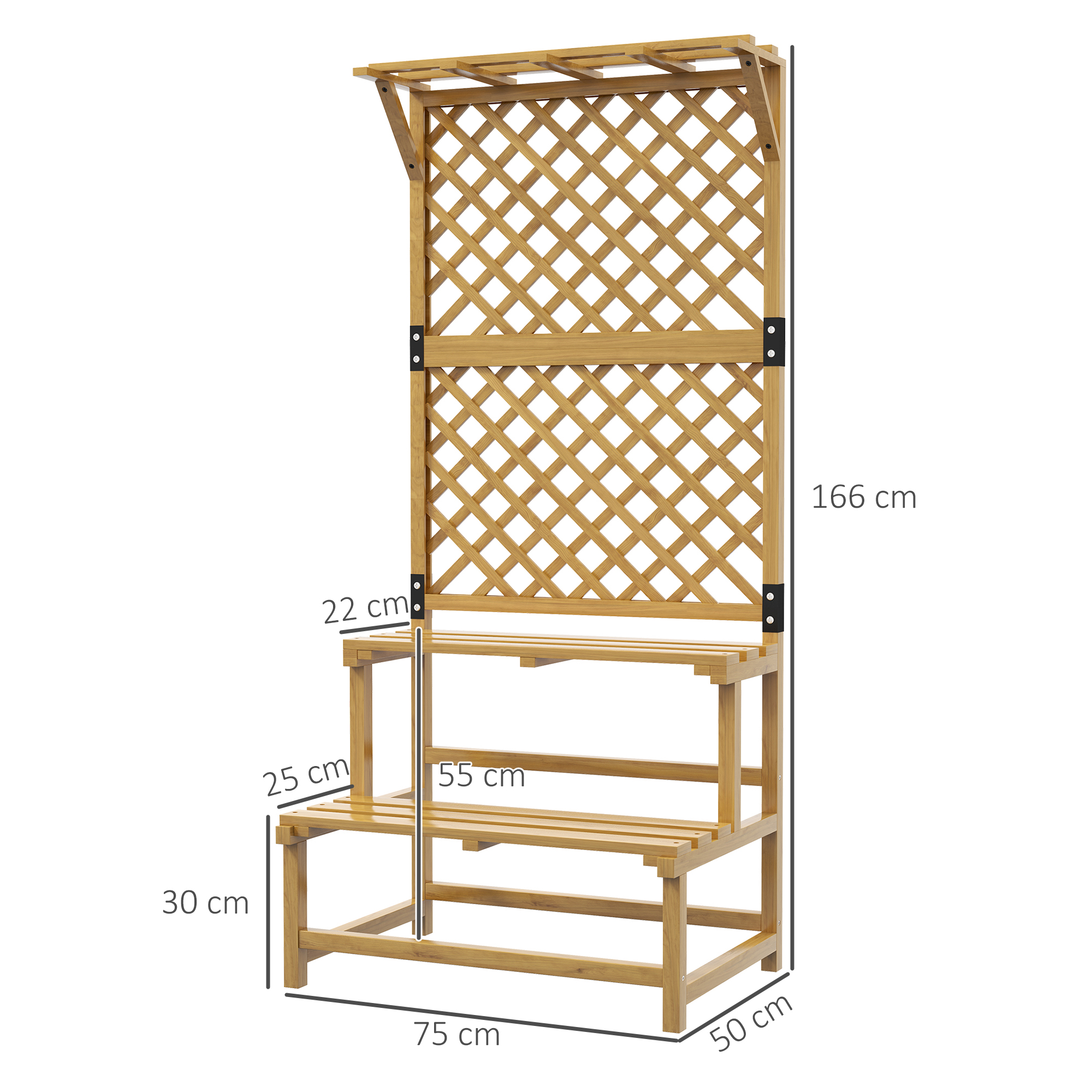 Suporte de madeira para plantas Outsunny, suporte para vasos de flores de 2 níveis com treliça para jardim, pátio, terraço e varanda, 75x50x166 cm, natural.
