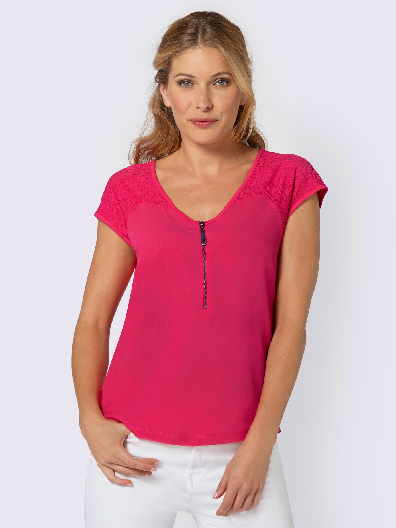 T-shirt col v à glissière épaules en dentelle