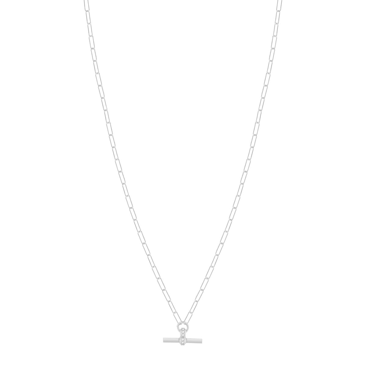 Collier argent 925 maille trombone motif T/bar zirconias. Longueur 41 cm