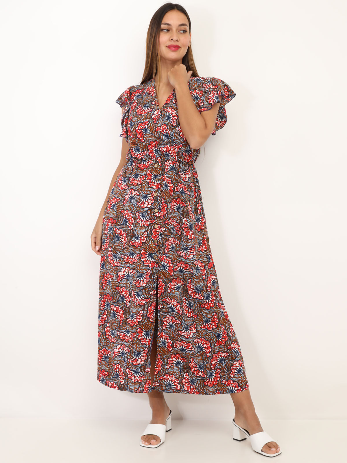 Robe fendue à fleurs style wax- Marron