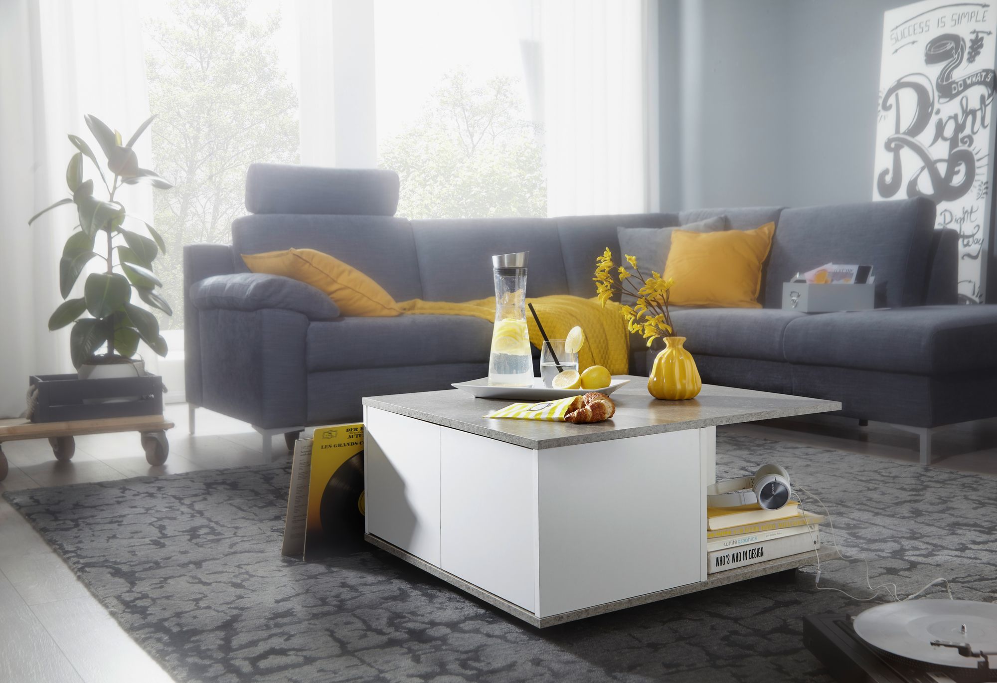 KADIMA DESIGN Couchtisch RAPIDO: 70x70x36,5 cm, 2 Schubladen, Rollen, Melaminharzbeschichtung, Weiß/Anthrazit.