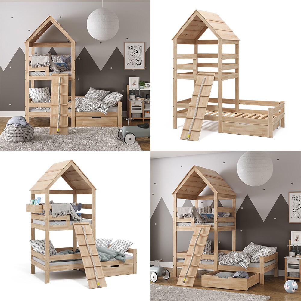 VitaliSpa Spielturmbett Kinderbett Spielbett Teddy Natur modern 208x235 cm Massivholz Kinderzimmer Lattenrost Bett Schublade Abenteuerbett Kletterbett