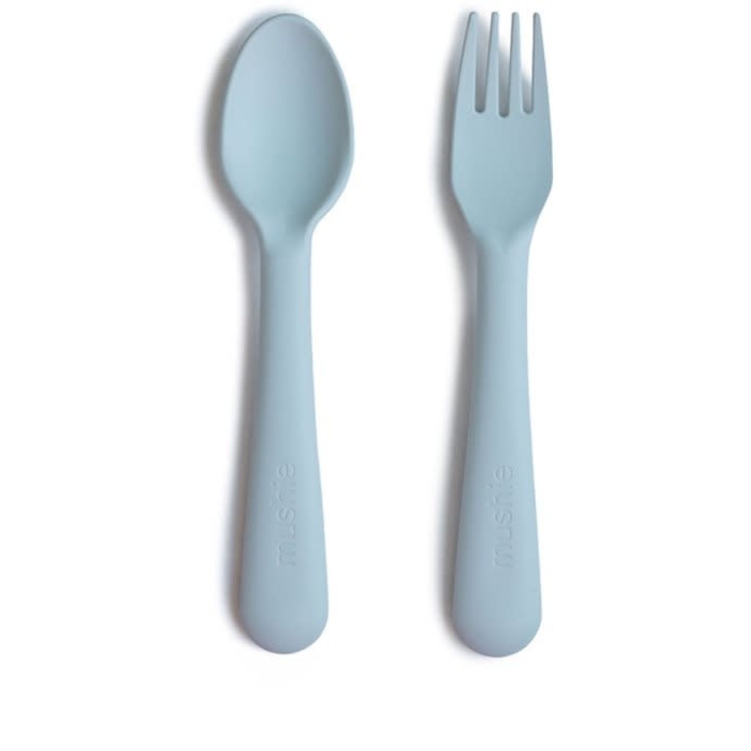 Mushie: Kinderlepel en vork - powder blue