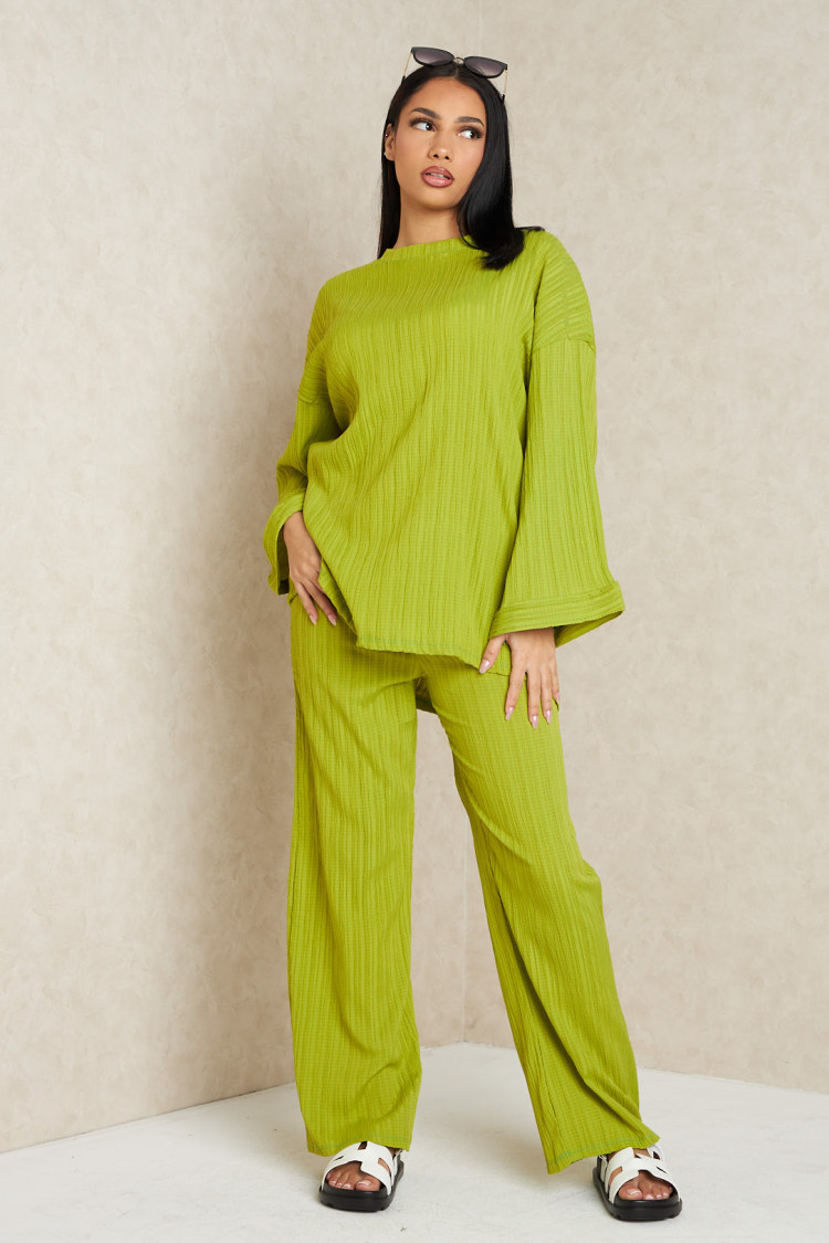 Ensemble 2 pièces pull fin + pantalon à rayures vert