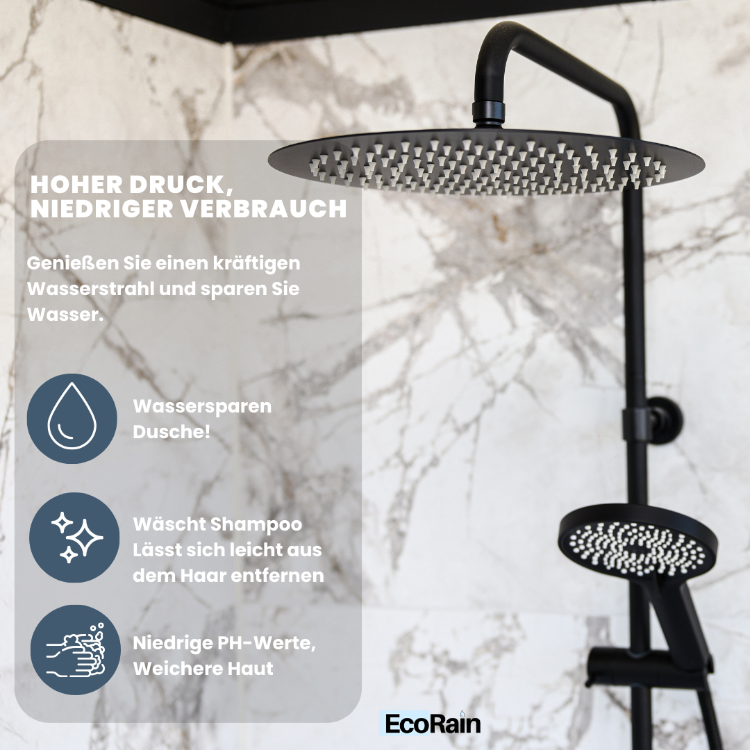 EcoRain Waterbesparende Regendouchekop Tyler 20 cm Zwart met Douchearm - 30% Waterbesparing - Waterbesparende Douchekop - Ronde Regendouchekop - Universeel - Verbrandingsbestendige Douchekop