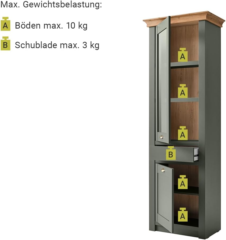 Lomadox Landhaus Wohnwand Komplett Set mit Anrichte & Couchtisch, englisch grün mit Wotan Eiche, mit Beleuchtung