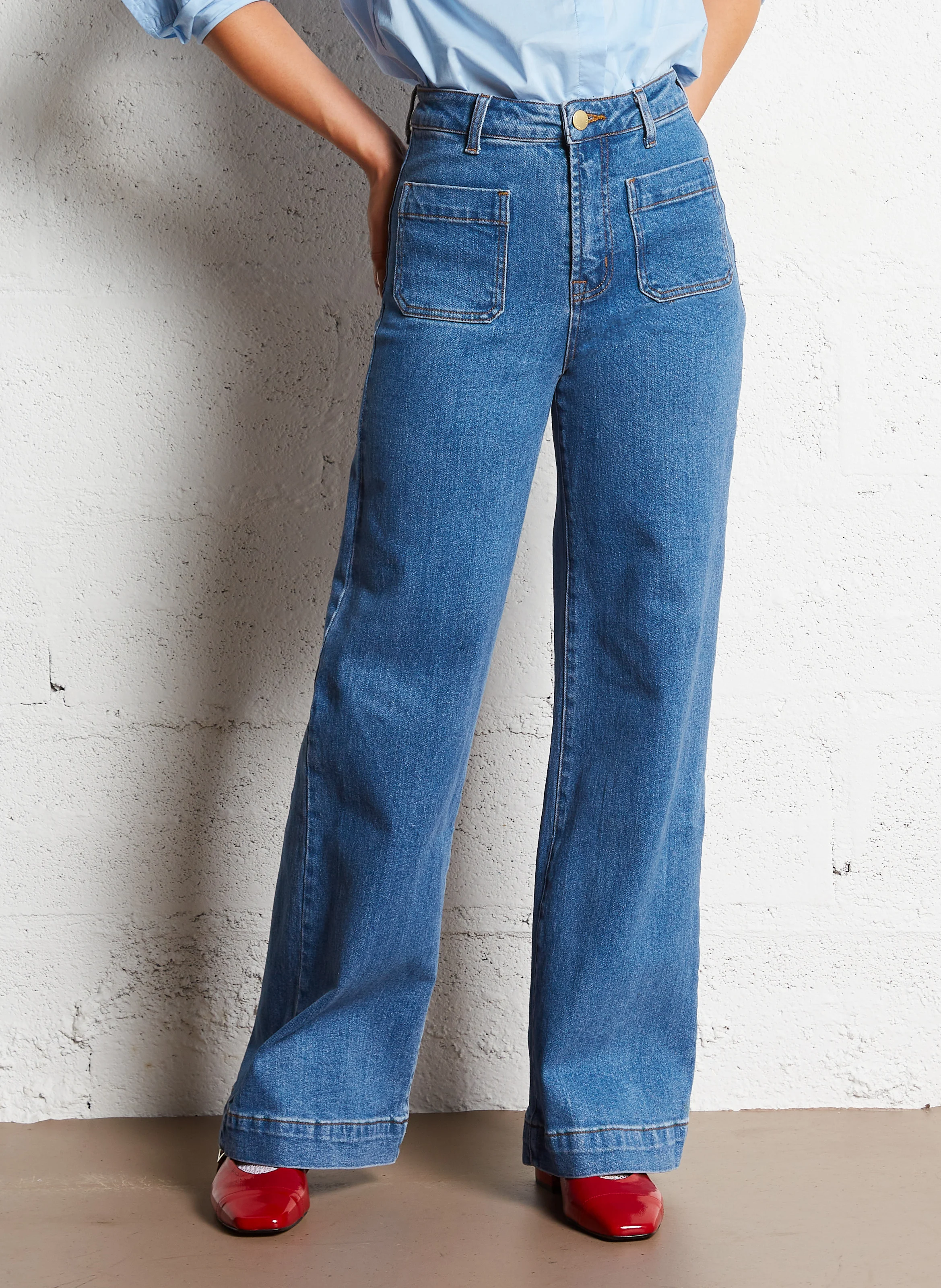 ATLANTY - Jean flare taille haute en coton mélangé | Bleu