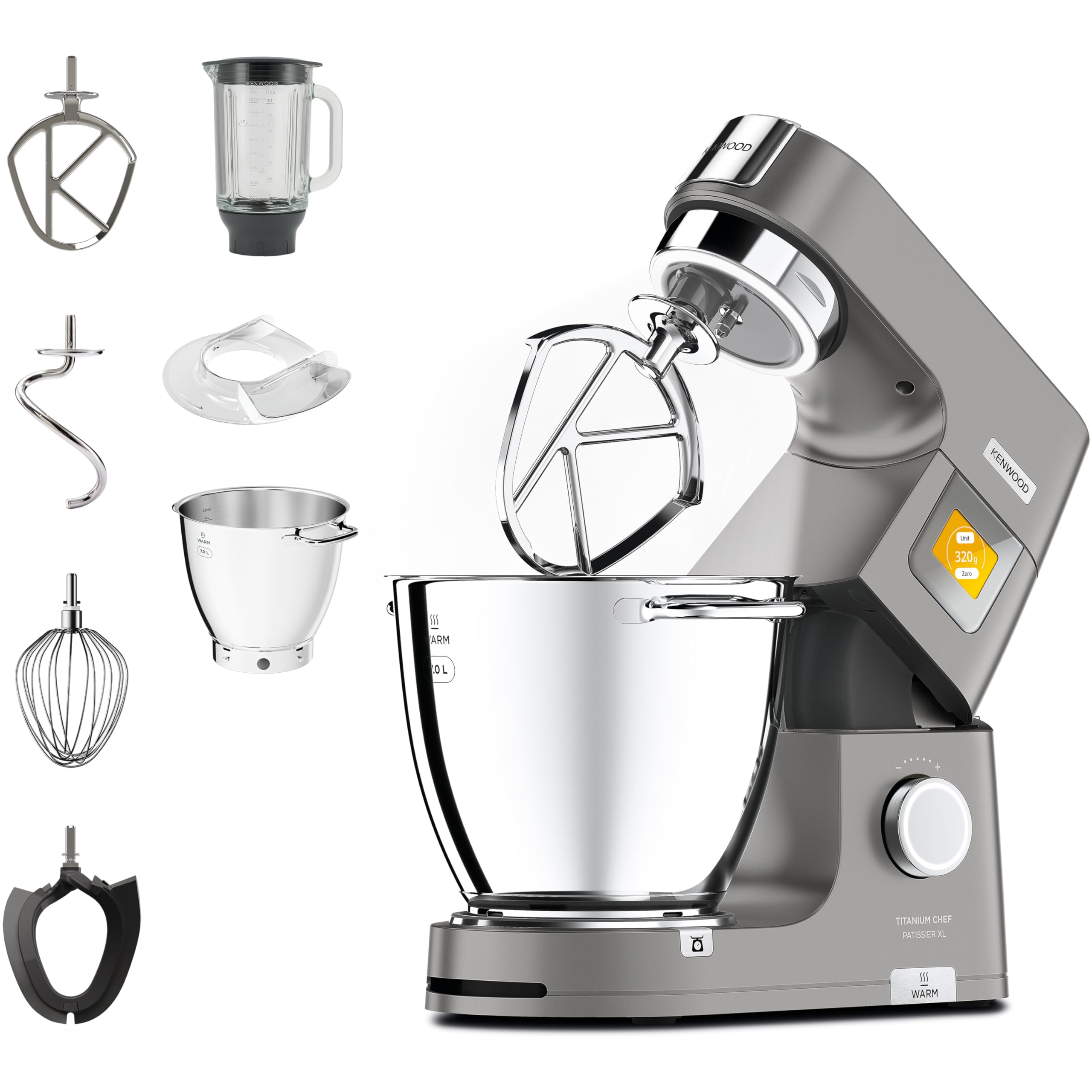 Kenwood Titanium Chef Patissier XL KWL90.034SI, Robot Patissier Balance Intégrée, Batteur K, Pétrin, Fouet, Batteur Souple, Deux Bols, Couvercle Anti-