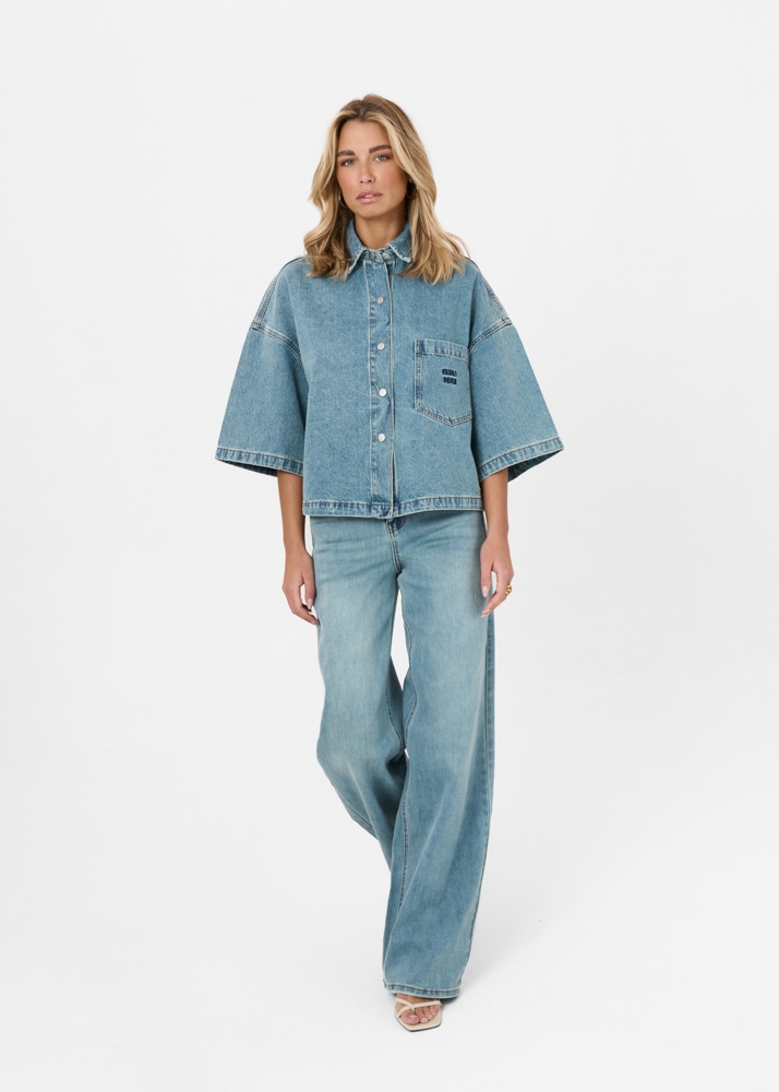 Wide leg stretch jeans smokey blauw