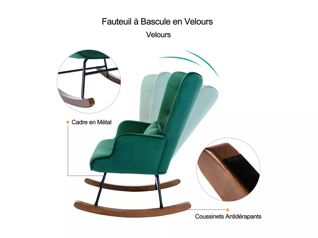 Fauteuil à Bascule Rembourré en Velours Moderne pour Salon, Chaise à Bascule à Dossier Haut avec Pieds en Bois, Vert Foncé