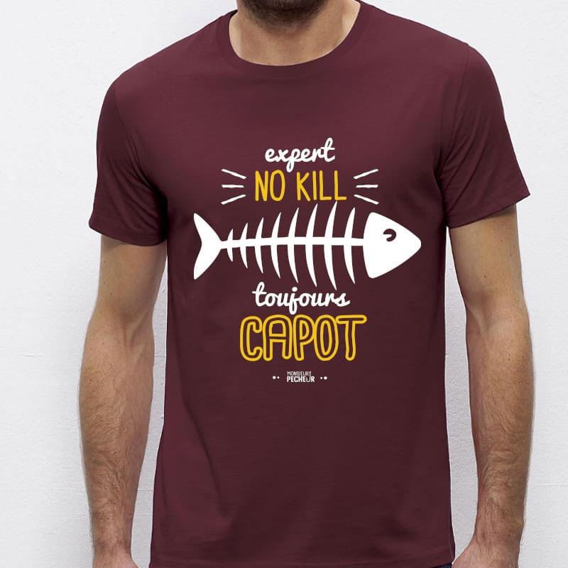 Tee Shirt Manches Courtes Homme Monsieur Pêcheur Expert No Kill - Burgundy