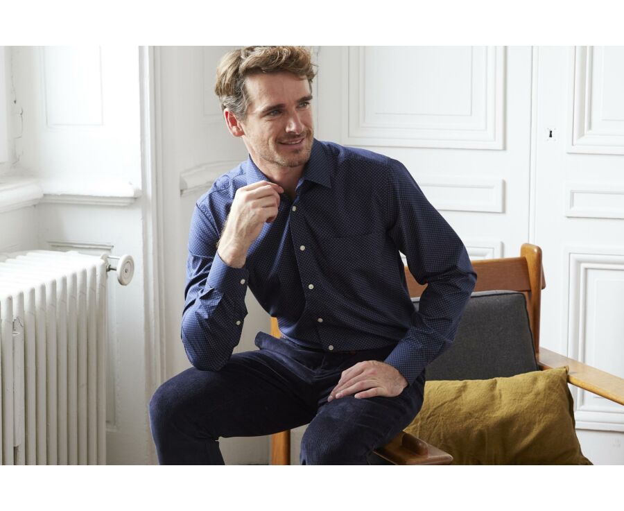 Chemise coton imprimée navy motif beige foncé - Poche poitrine - ADALBERT