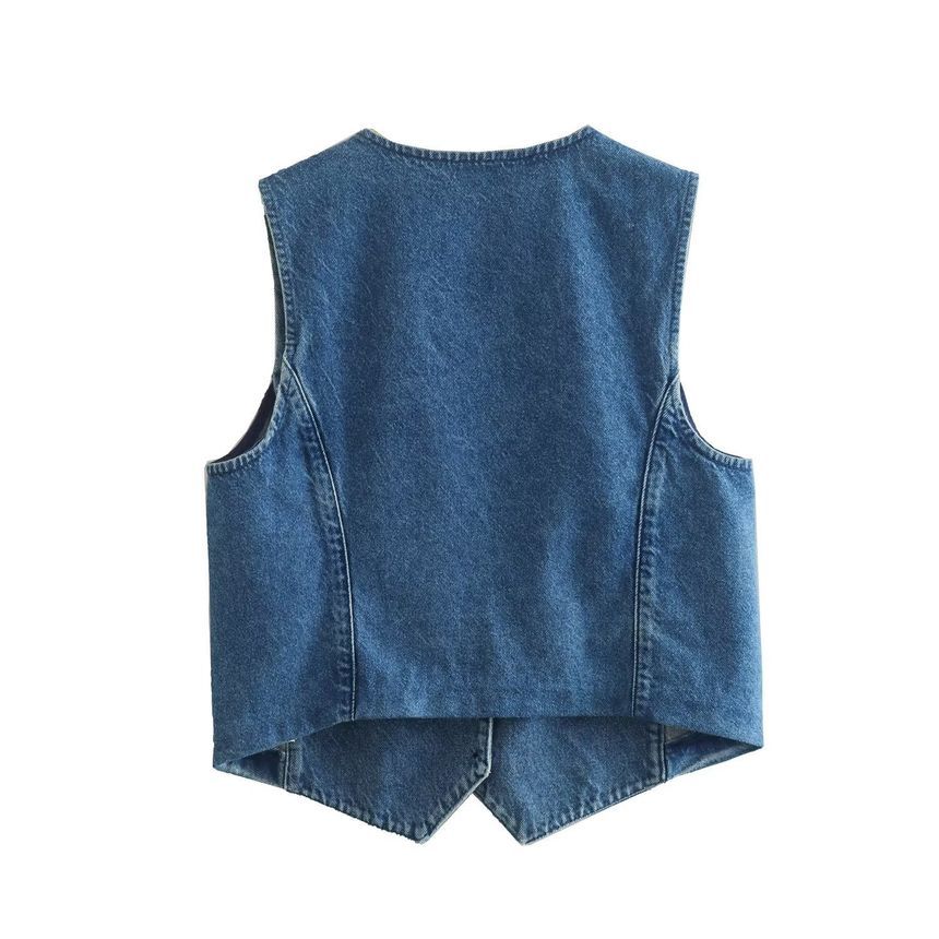 Sensarra - V-hals gewassen denim vest met knopen
