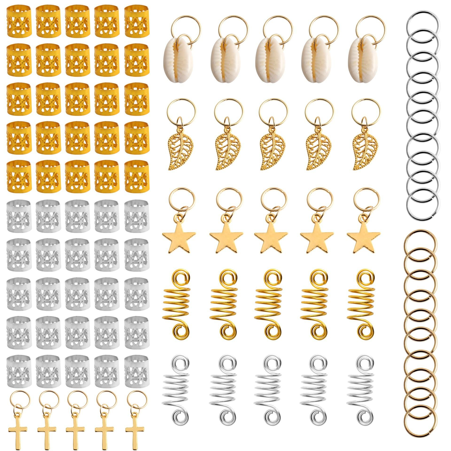 (100er Set) Haar Schmuck Accessoire Dreadlock Clips Haar Spiralen Ringe - Silber / Gold