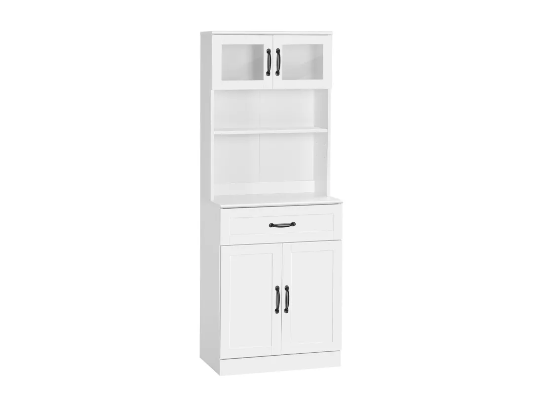 Buffet haut 4 portes étagère niche tiroir coulissant plan de travail poignées métal noir verre trempé MDF blanc