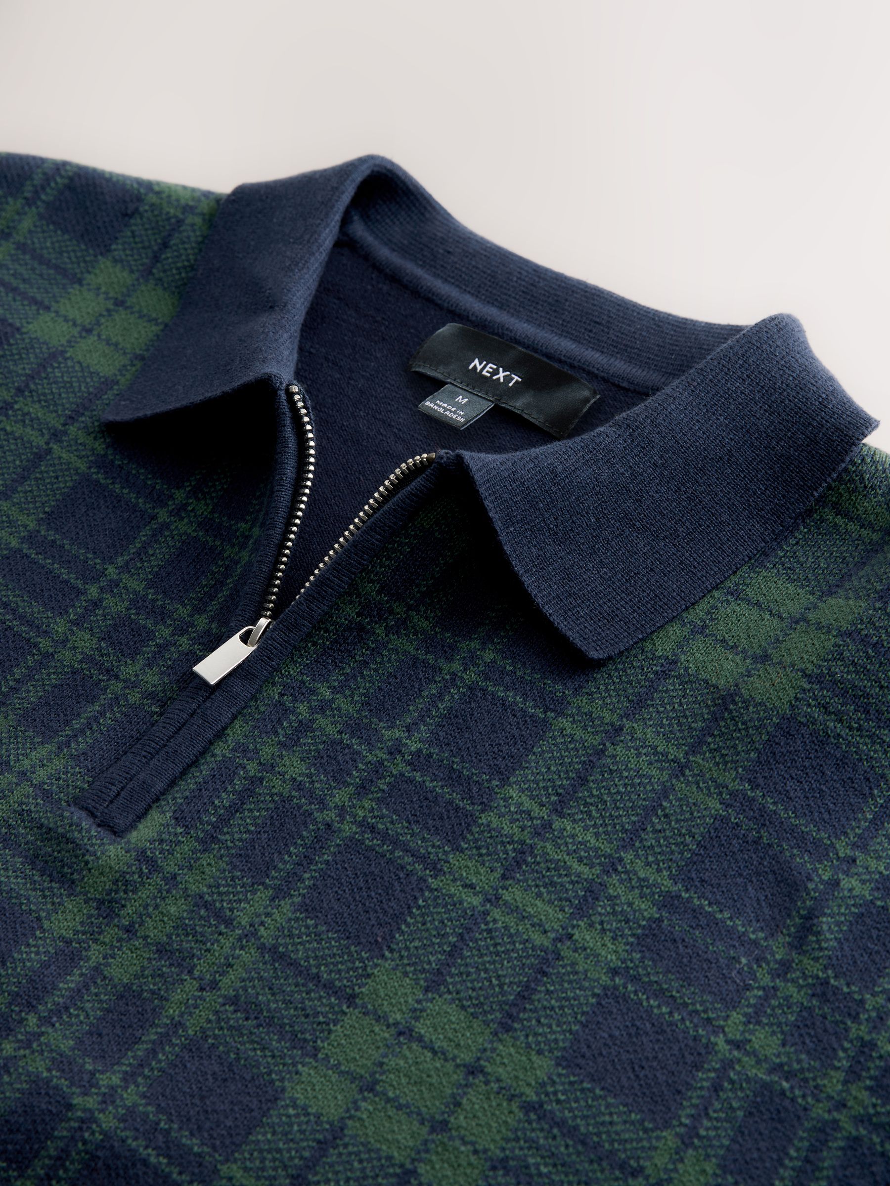 Blauw/Groen - Regular Fit Long Sleeve Knitted Check Quarter Zip Polo Shirt