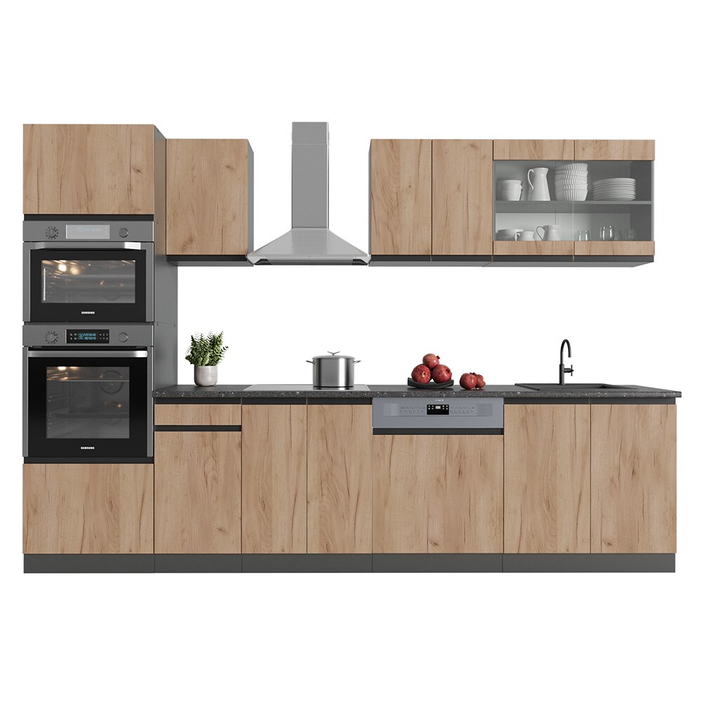Vicco Küchenzeile Küchenblock Einbauküche R-Line J-Shape Anthrazit Eiche 300 cm modern Küchenschränke Küchenmöbel